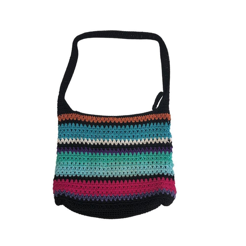 Crocheted Bag Crossbody Shoulder Color Block Black Blue Red Multi Stripe The SAK
